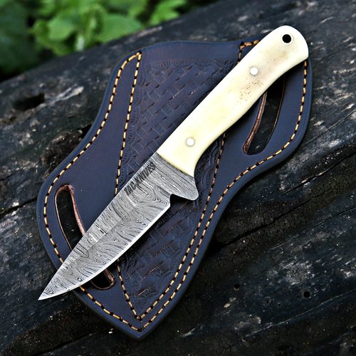 TAC KNIVES 7" Fixed Blade EDC Knife with Sheath - Damascus Steel Hunting Knife - Full Tang - Bone Handle - Pancake Carry Leather Sheath Snug Fit (BONE 303)