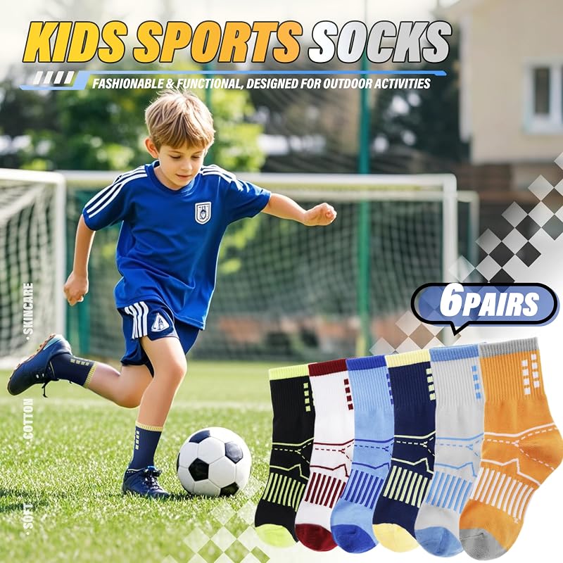 Kids Crew Socks - ANTSANG 6-Pair Athletic Cotton Socks, 9-14 Years, Blue Black Grey Orange