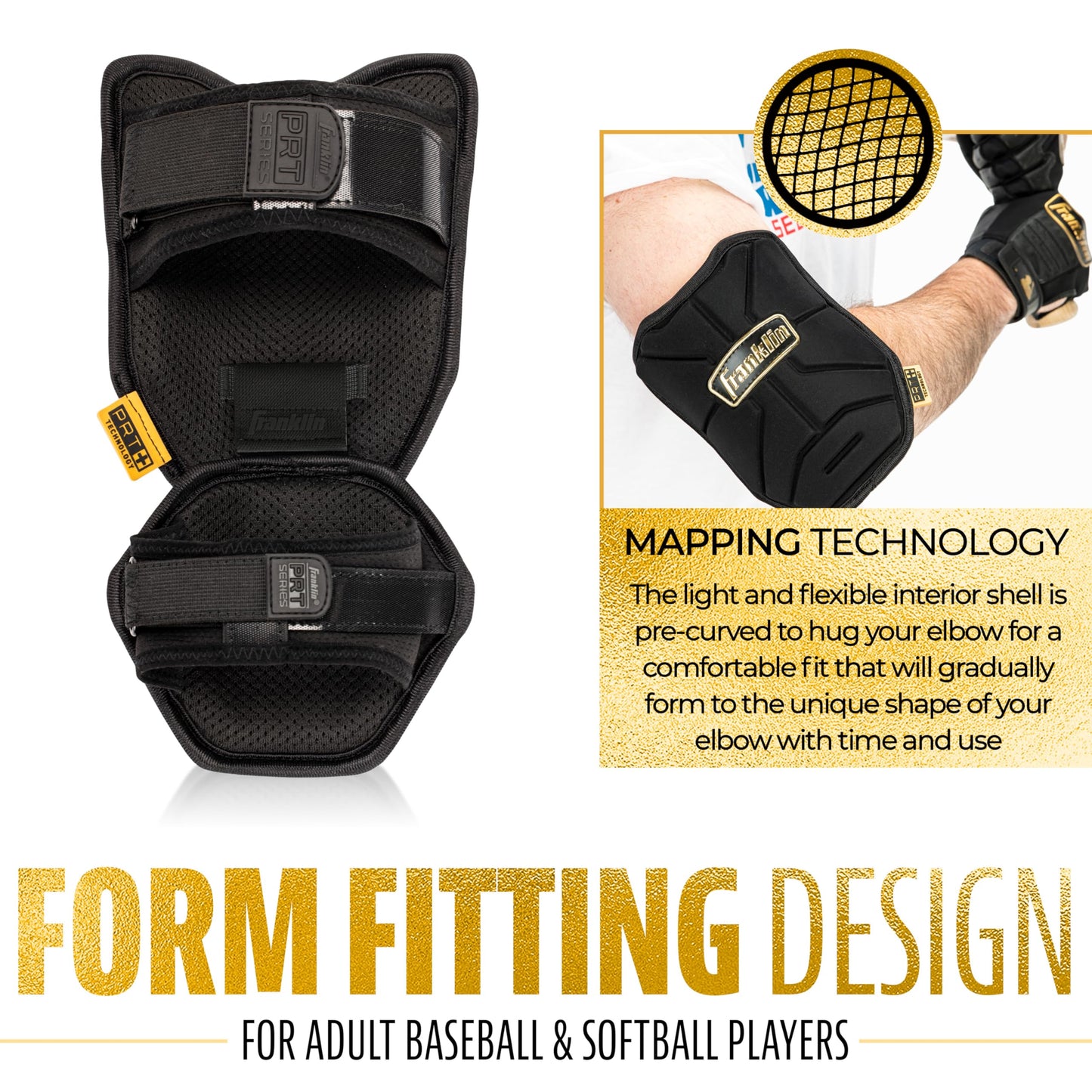 Franklin Sports Baseball Elbow Guard - PRT Series Youth Baseball + Softball Shield for Batting - Protective Elbow + Forearm Pad - Right + Left Hand Hitters - Black/Gold - One Size - Youth