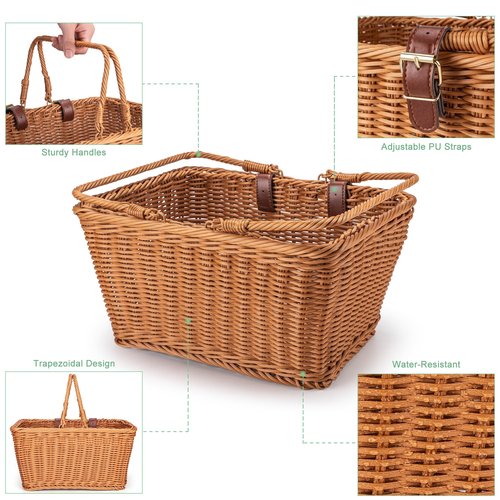 Bike Basket - Durable Front Bicycle Bike Baskets - Handmade Woven Wicker Bike Basket with Adjustable Leather Straps (New Brown)