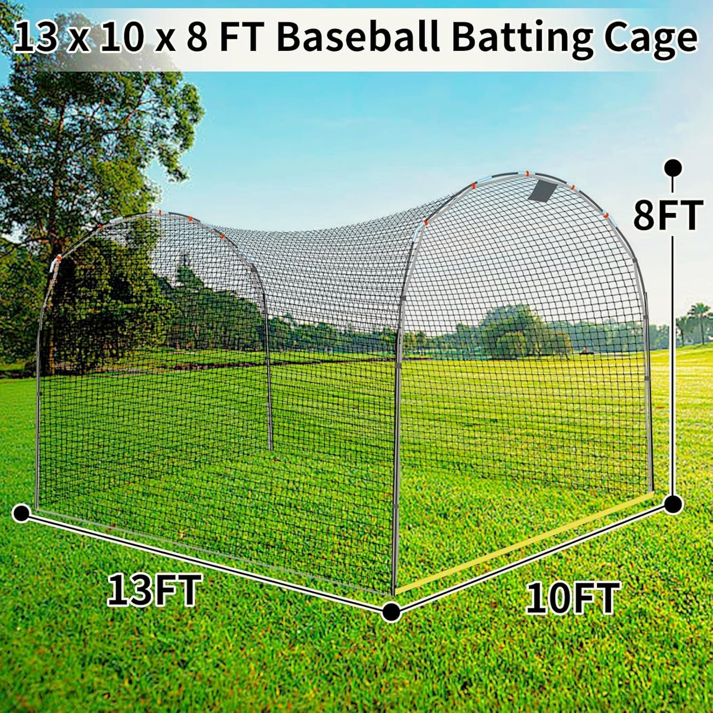 13×10×8FT Baseball Softball Batting Cage, Black Portable Batting Cages for Backyard Outdoor Pitching Practice Net，Baseball Batting Practice Net, Indoor Training Cage with Ground Frame