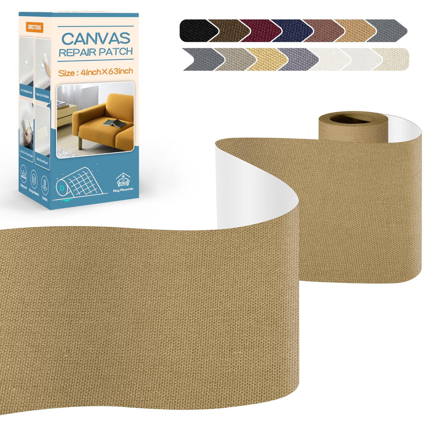KING MOUNTAIN Canvas Repair Tape,Outdoor Gear Patch, 4×63 Inches,Waterproof,Self-Adhesive for Repairing Boat Covers,Sun Shades,Sofas,Tents,Lounge Chairs,Awnings (Flaxen)