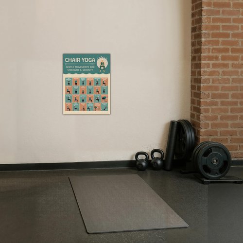 Chair Yoga Exercise Poster - Illustrated Stretching Poses Chart, Workouts, Instructions, Mobility Practice, Inspirational Routine, Wall Art for Seniors, Home Gym Picture, Meditation Decor, Flexibility