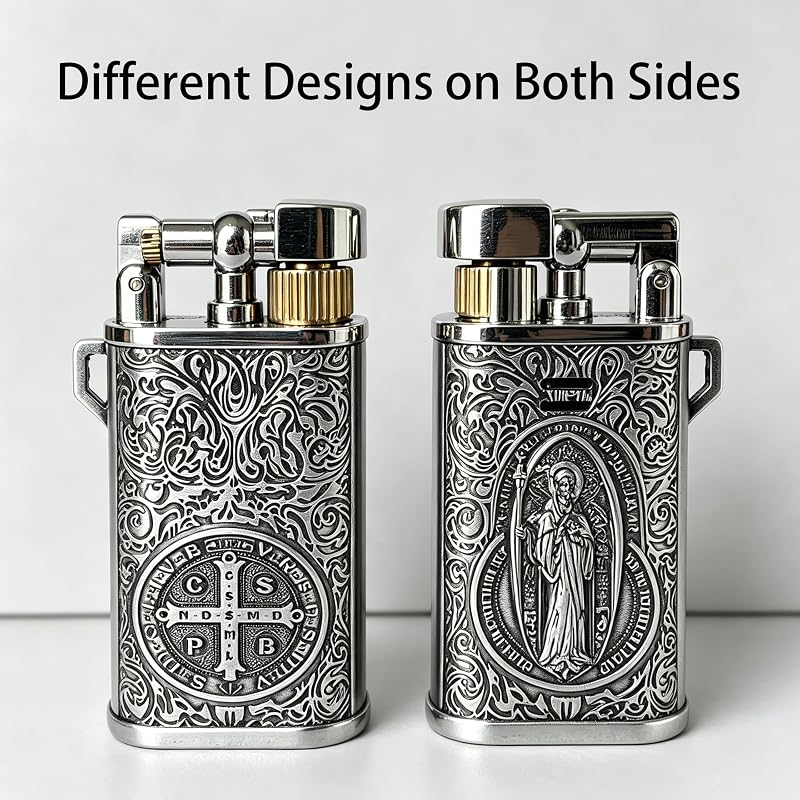 Vintage Butane Lighter with Saint Benedict Medal Motif, Refillable Pocket Trench Lighter
