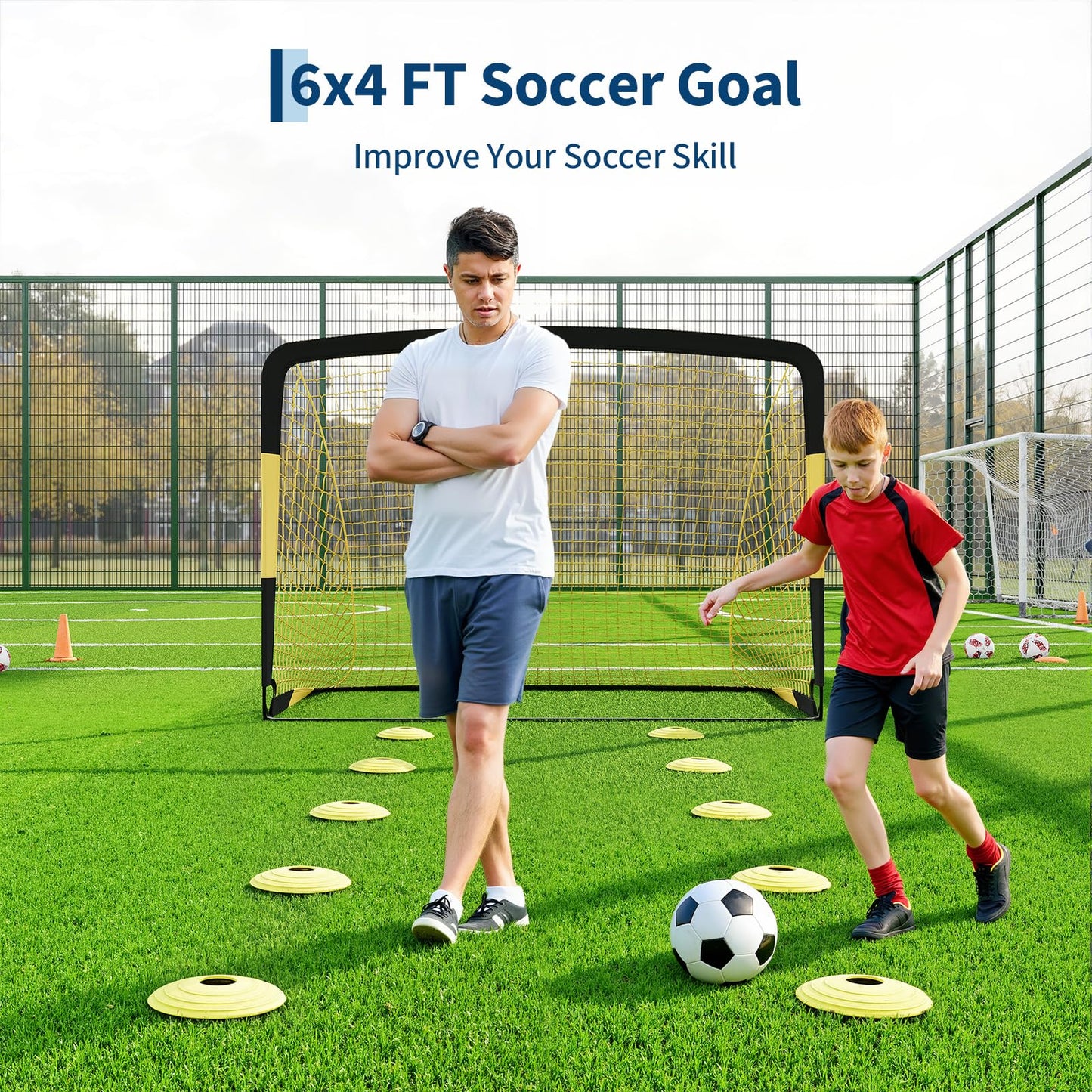6x4 ft Soccer Goal Set, Portable 2-Pack Pop Up Nets with Ball, Pump, Cones & Bag – Kids Backyard Soccer Equipment, Easy Assembly