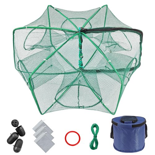 Minnow Trap 24in*10in??with Foldable Fishing Net & Collapsible Fish Bucket - Crab, Crawfish, Shrimp Trap for Freshwater Saltwater Fishing (6-Sided)