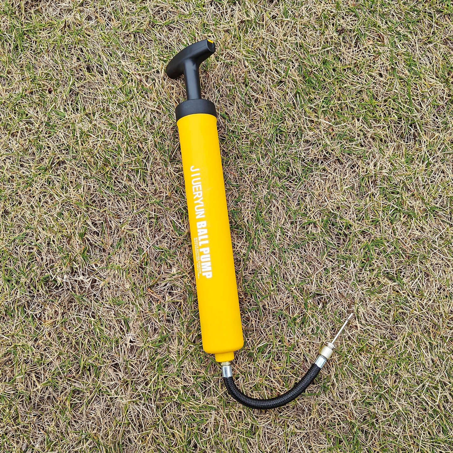 Ball Pump with Needle Storage in Handle - 5 Metal Needles, Flexible Hose - for Soccer, Basketball, Volleyball, Handball - Yellow