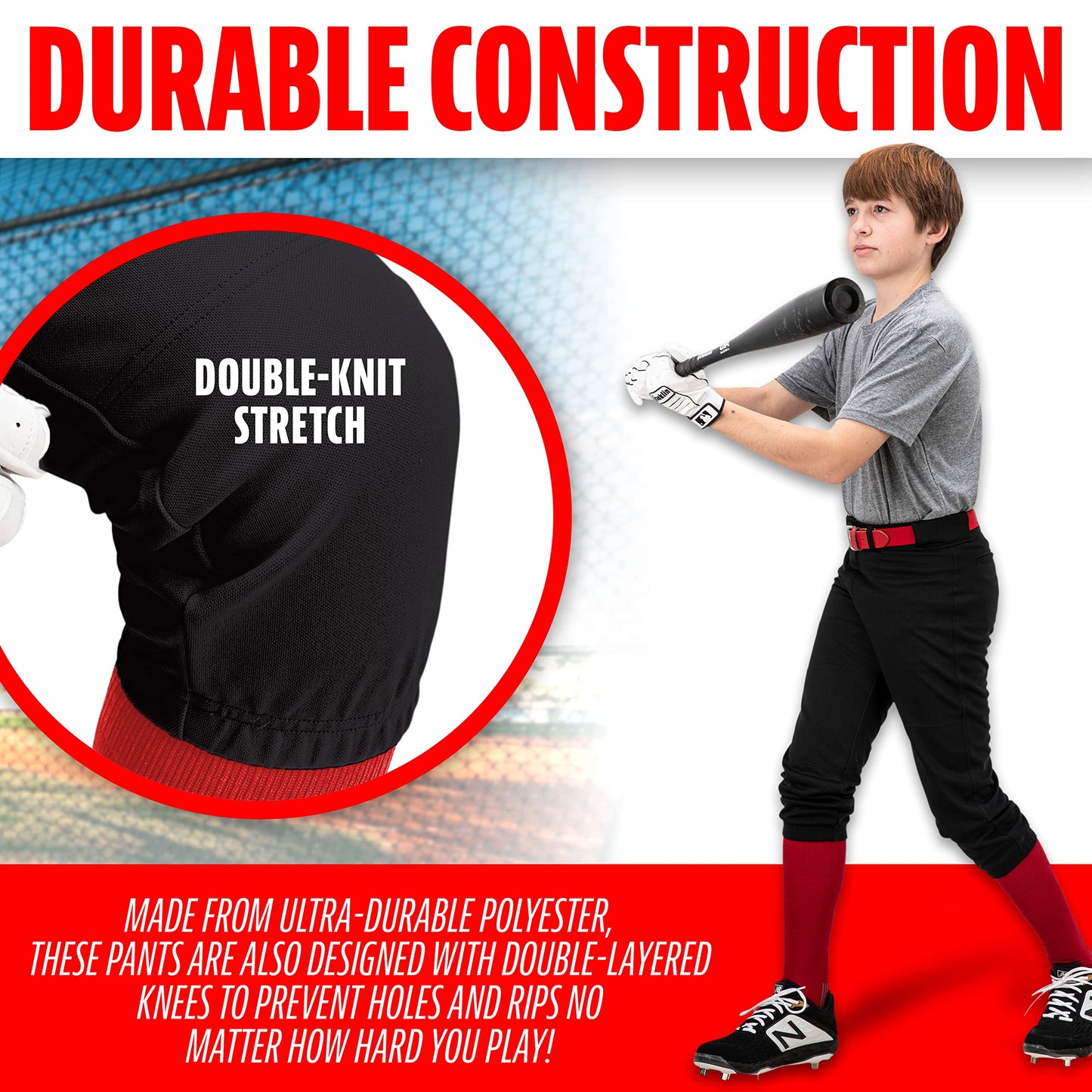 Franklin Sports Youth Baseball and Softball Pants with Belt Loop - Baseball Pants for Girls and Boys - Knicker - Youth X Small - Black