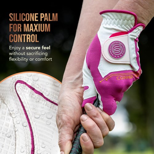 Copper Tech Ladies Golf Gloves Women Right Handed Golfer & Left Handed Golfer 2 Pack | Copper Compression Joint Support | Flexible & Comfortable Fit with Premium Leather | Tacky Grip Reinforced Pad