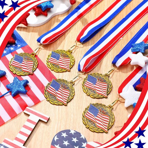 Loetere 30 Pack Gold Patriotic Medals 2'' American Flag Medals Bulk Trophy with Neck Ribbons Spirit Medallion with Stars Stripes USA Flag Independence Day Awards for Participation Prize Winner Gift