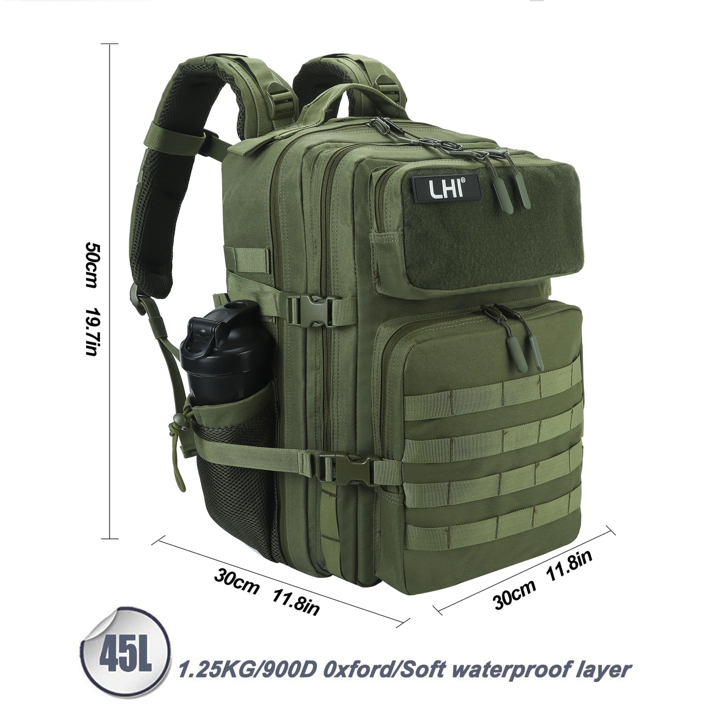 LHI Military Tactical Backpack for Men and Women 45L Army 3 Days Assault Pack Bag Large Rucksack with Molle System - Green