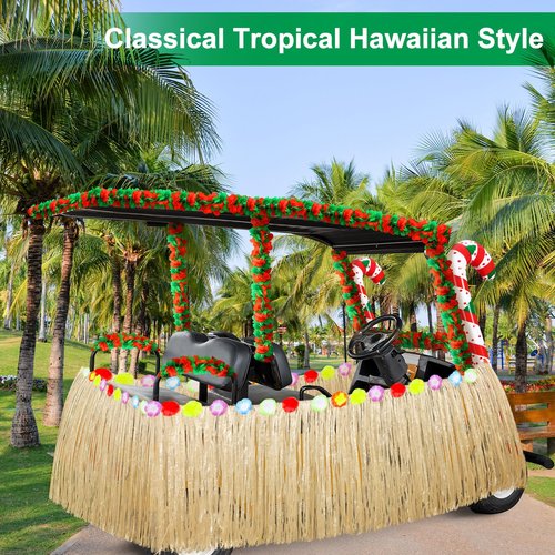 Weysat 8 Pcs Christmas Golf Cart Decorations Kit Hawaiian Leis Red and Green Flower Banner Luau Grass Tropical Car Skirt Candy Canes Balloons for Christmas Golf Cart Parade