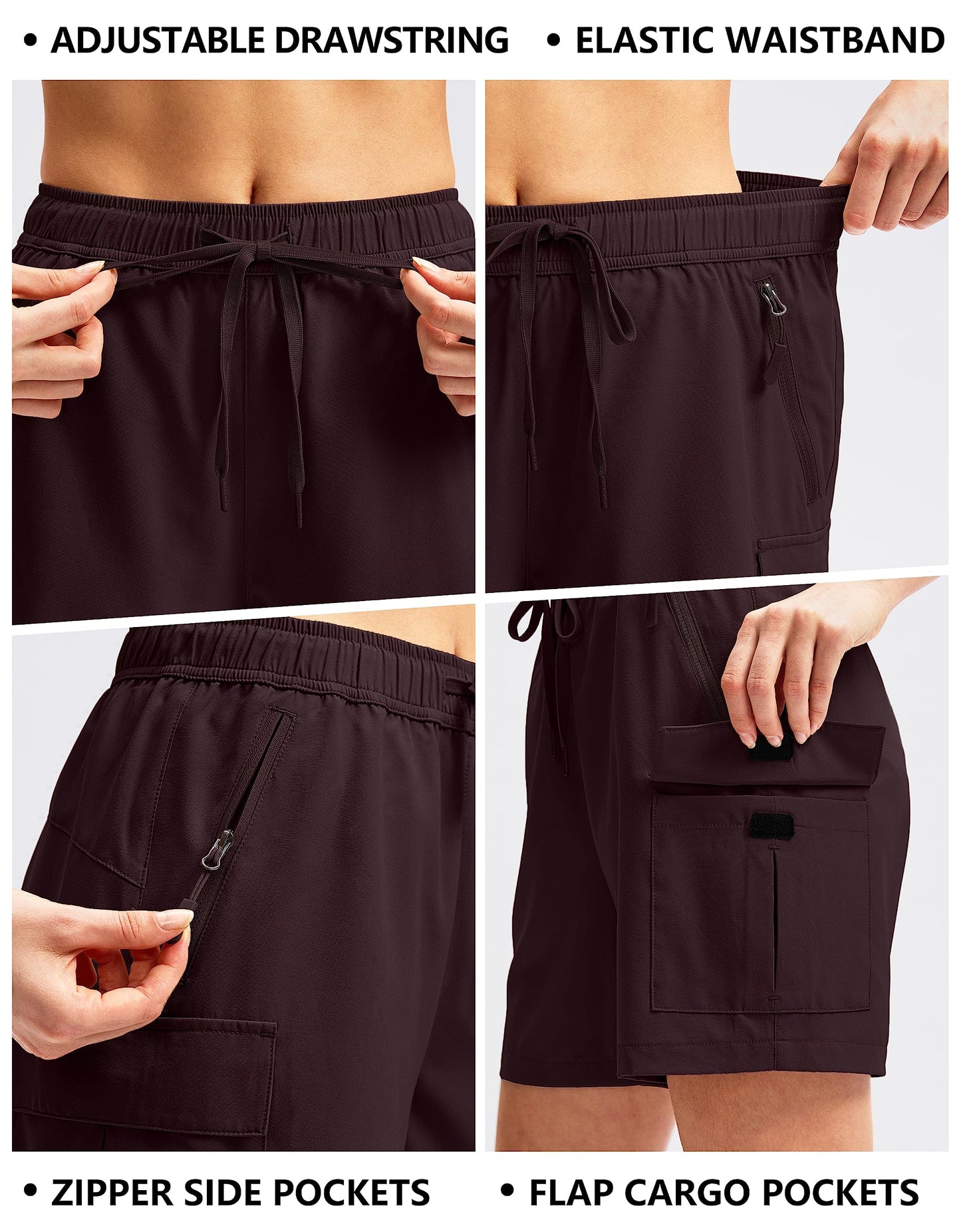 SANTINY Women's 5''/ 7''/9'' Hiking Cargo Shorts Quick Dry Lightweight Summer Shorts for Women Athletic Golf Zipper Pockets(Wine_XXL)