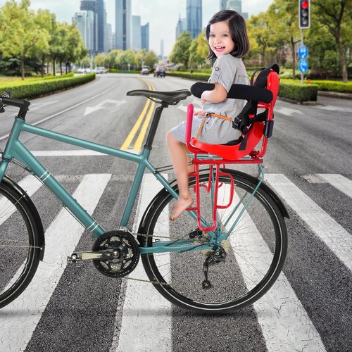 Rear Child Bicycle Seat, Equipped w/ Wider Seat & Backrest, Guardrail Armrest & Footrest, Detachable Design, Easy to Install, Enjoying Parent-Child Time, for Adult Bicycles w/ Seat Cushions (Red)