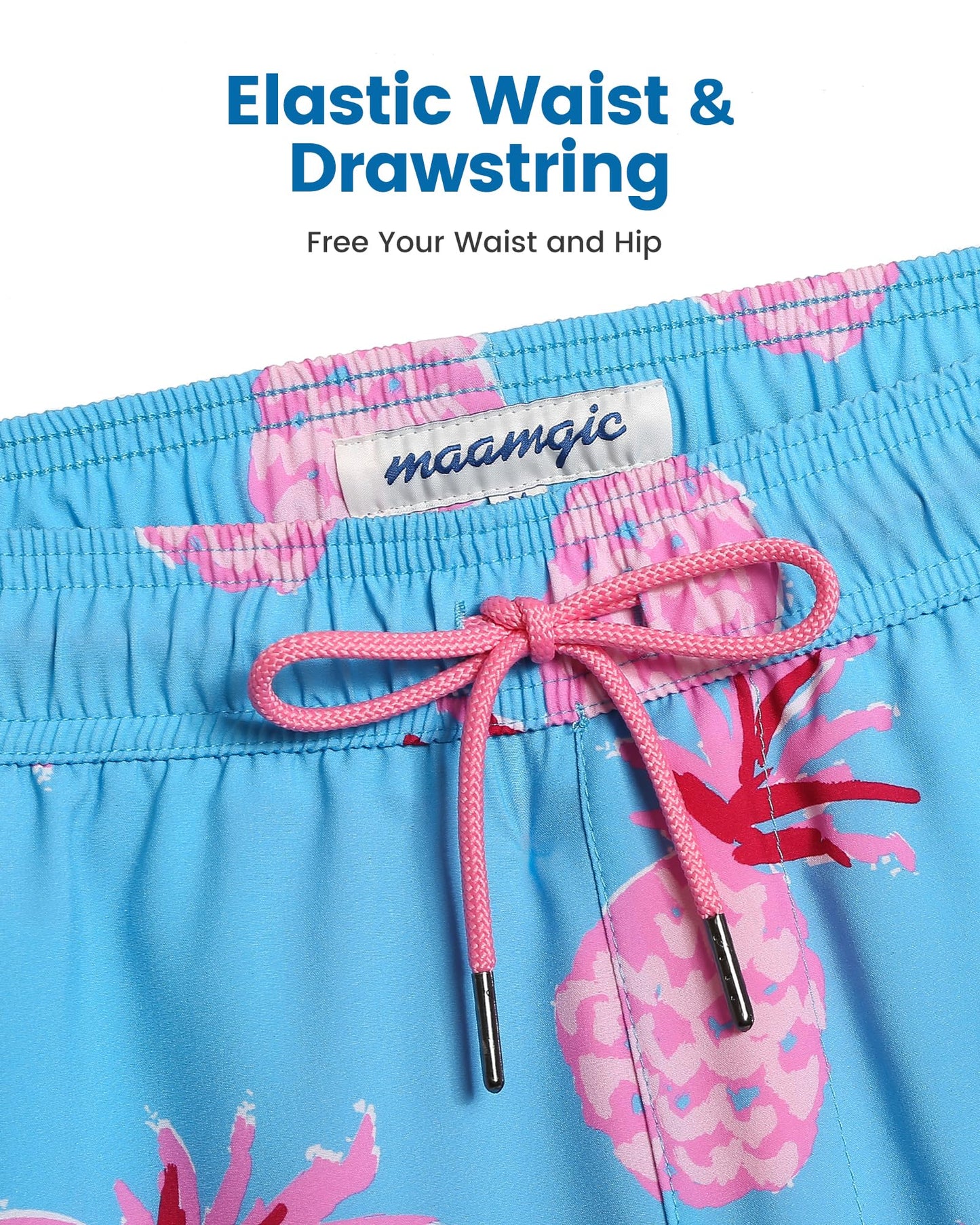 maamgic Mens Swim Trunks with Compression Liner 5 Inch, Quick Dry Bathing Suit with Zipper Pockets, Stretch No-Chafing Swim Shorts, Blue-Pink Pineapple Large