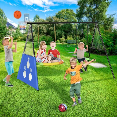 660 lbs Swing Sets for Backyard,4-in-1 Heavy Duty Outdoor Large Metal Swing Sets for Kids with 2 Swings,Trapeze Bar, Soccer Goals and Basketball