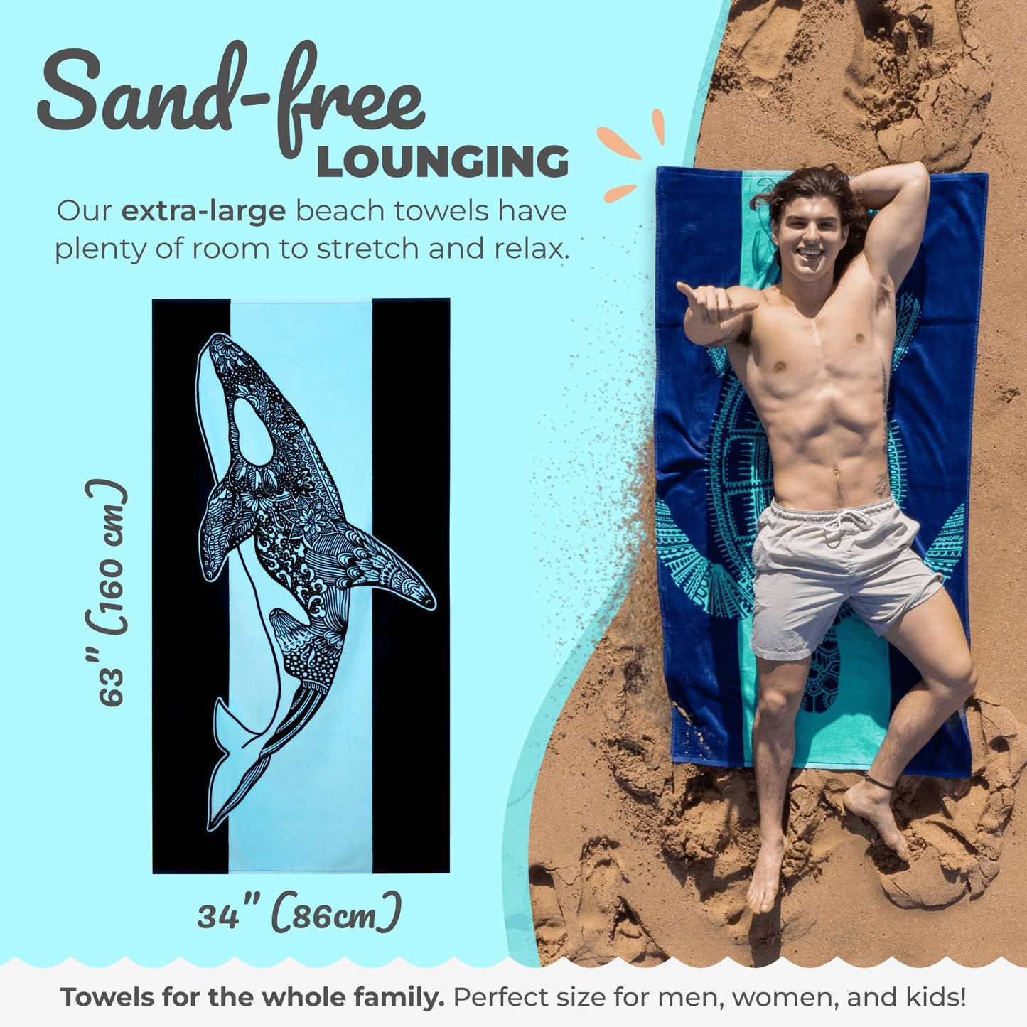 Nova Blue Orca Beach Towel (34 X 63) – Navy & Blue Colorway with Tropical Whale Design Travel Beach Towels Made from 100% Cotton – Vibrant Colorful Blanket Towel – Extra Large