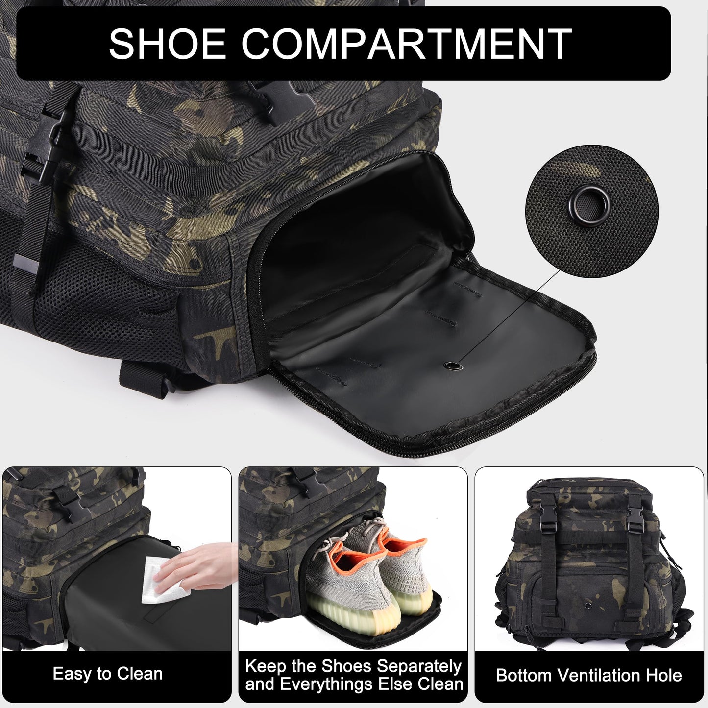 LHI Military Tactical Backpack for Men and Women 50L Army 3 Days Assault Pack Bag Large Rucksack with Shoe Compartment - Black CP