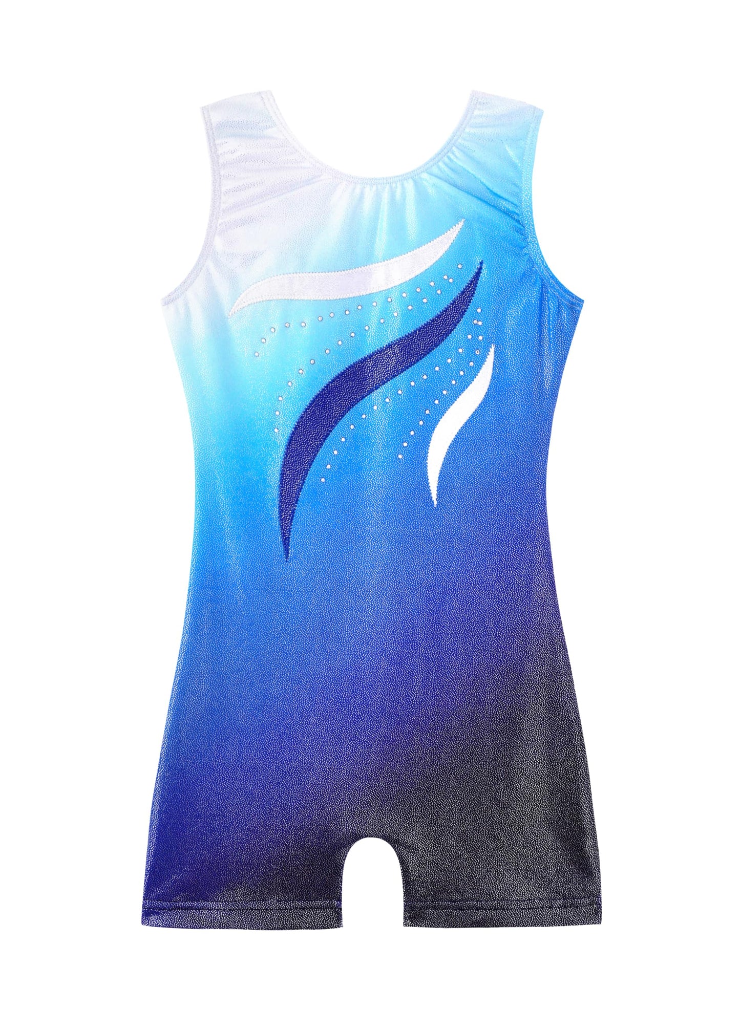 HOZIY Gymnastics Leotards for Girls with Shorts Size 8-9 Years Biketard Blue White Ombre Ribbons Diamond Rhinestones Sparkly