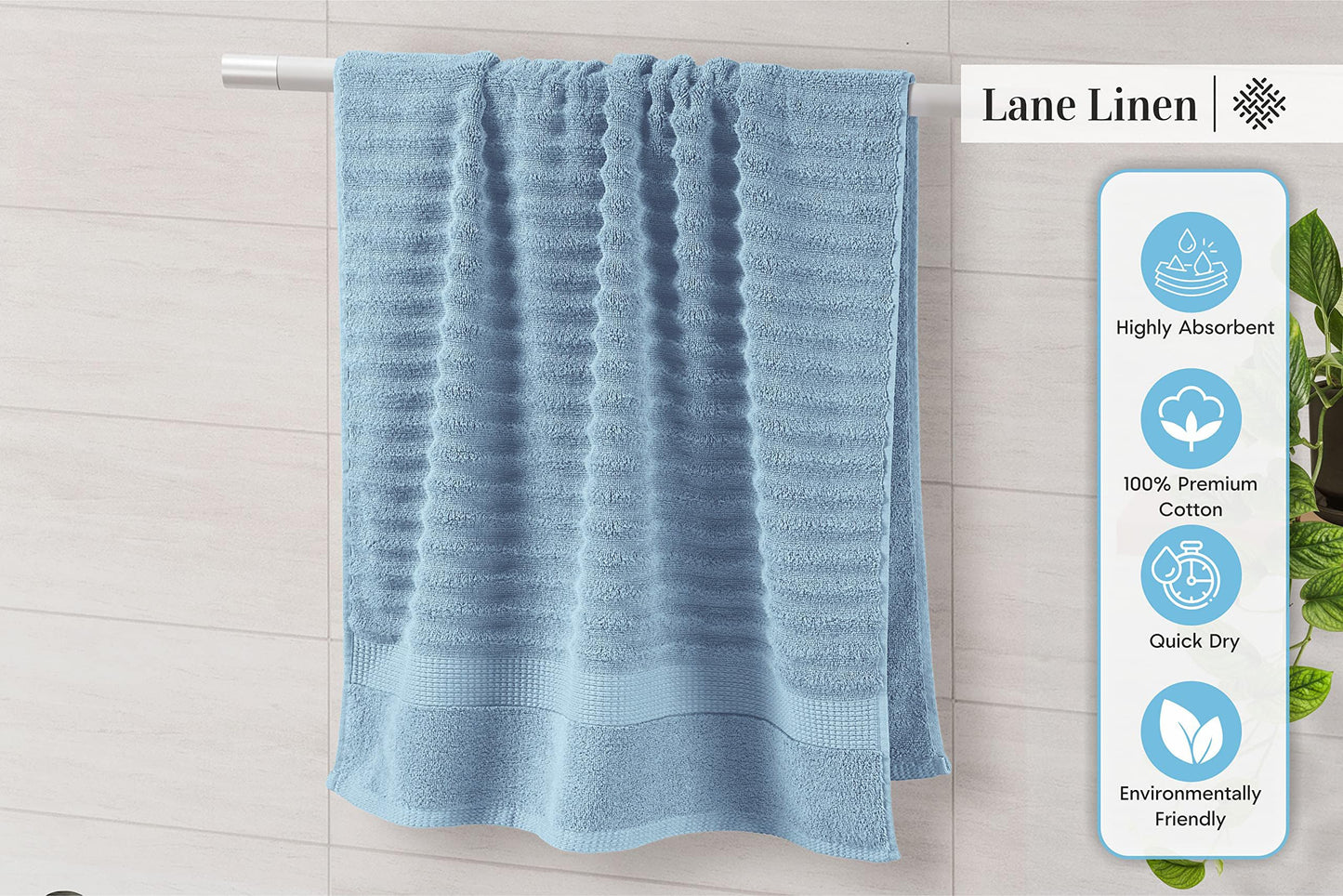 LANE LINEN Cotton Bath Towels Set of 6 - Exclusive Zero Twist - Softer, Quick Dry & Absorbent - 2 Bath, 2 Washcloths, 2 Hand Towels for Bathroom - Durable, Premium Quality & Ideal Gift for Him - Blue