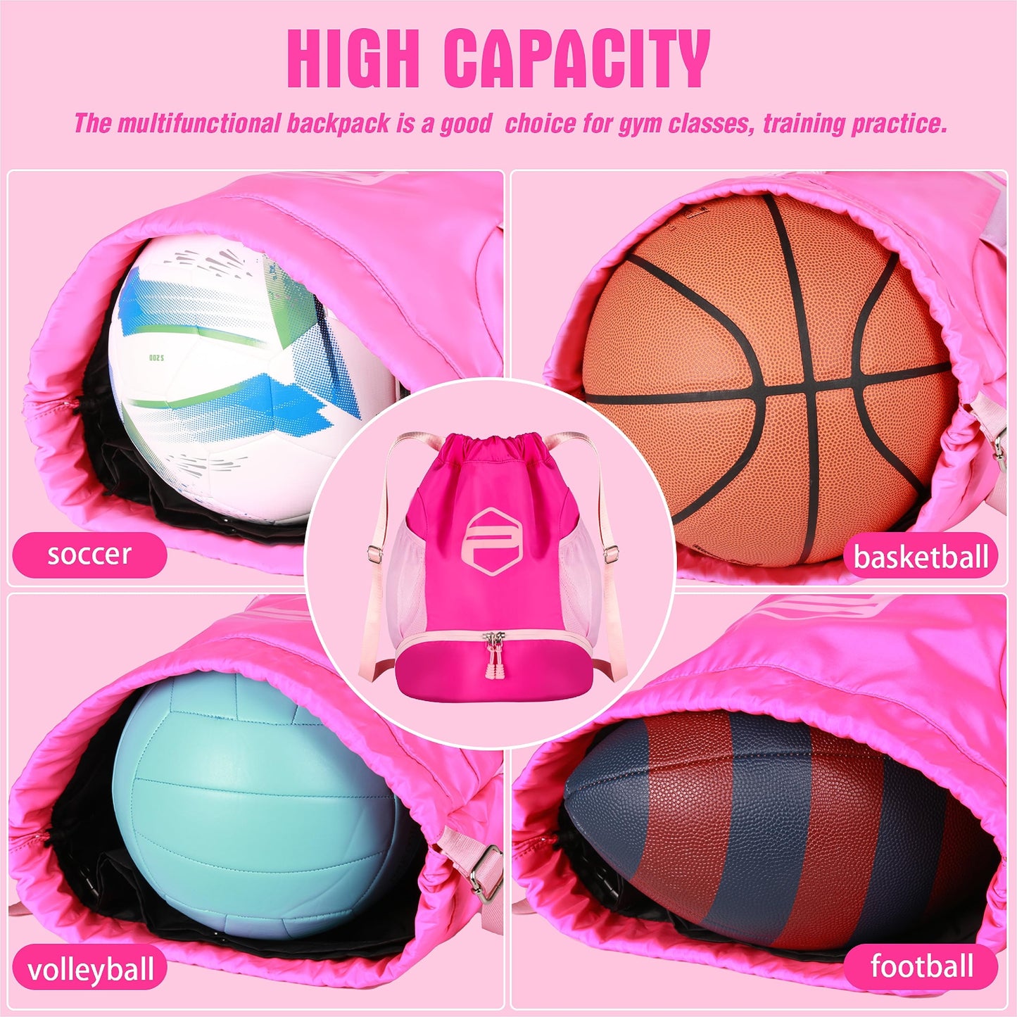 PP PICADOR Soccer Ball Bags, Drawstring Basketball Backpack for Sport Training with Ball Shoe Dry and Wet Compartments(Pink)