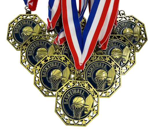 Express Medals Basketball Gold Medals Trophy Award with Neck Ribbons EMDC214BB - (Pack of 10)