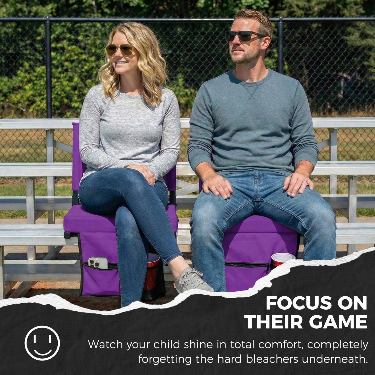 SPORT BEATS Stadium Seats with Back Support Bleacher Chairs with Back and Cushion Thick Padded Bleacher Seats Includes Shoulder Strap Dark Purple 2pcs Standard