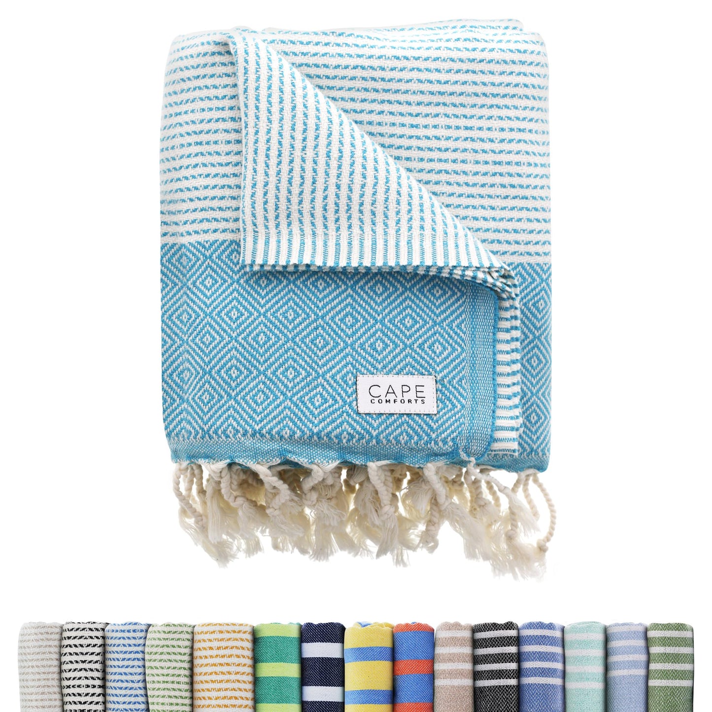Cape Comforts Oversized Turkish Beach Towel, Diamond Dobby Aqua - 37'' x 67'' - Super Soft & Lightweight | Quick Dry Sand Free Travel Towels for Beach or Bath | Gifts