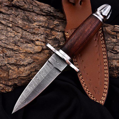 FBcrafts Handmade Damascus Dagger - Double Edge Knife, 8.5 in Edc Fixed Blade for Hunting Wood Handle Leather Sheath