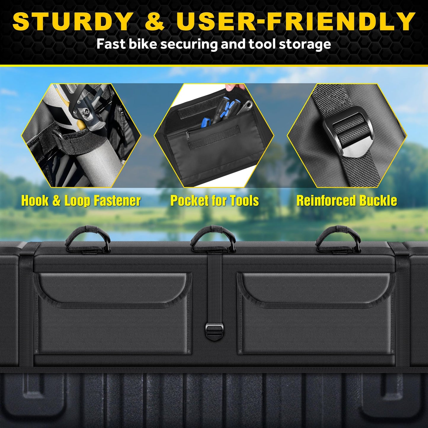 Bumbee Tailgate Bike Pad for 5 Mountain Bikes, with Rear Camera Window, Reflective Strips and 2 Tool Pocket