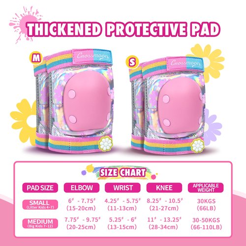 Kids Knee Pads Elbow Pads Wrist Guards Set with Carry Bag Included, Protective Gear Set for Girls Boys Roller Skating Bike Cycling Skateboard Scooter (Floral, Medium (6-12years))