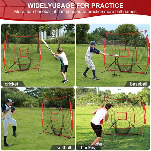 BaseGoal 7'×7' Baseball Softball Practice Net,Baseball Backstop,with Batting Tee,for Hitting Pitching Batting Catching with Bow Frame,Bonus Strike Zone (Red-A)