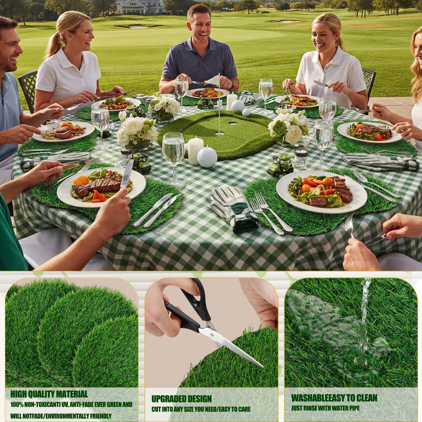 Gandeer 6 Pcs Golf Artificial Grass Mat Placemats for Golf Party Decorations Centerpieces for Table Green Fake Grass Tiles Placemats Birthday Party Decorations for Wedding Baby Shower