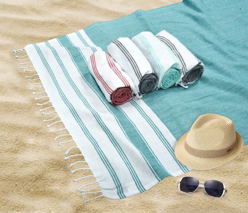 GLAMBURG Peshtemal Turkish Beach Towel Cotton Oversized 36x71 Set of 6 for Adults, Soft Durable Absorbent Extra Large Hammam Bath Sheet - Teal