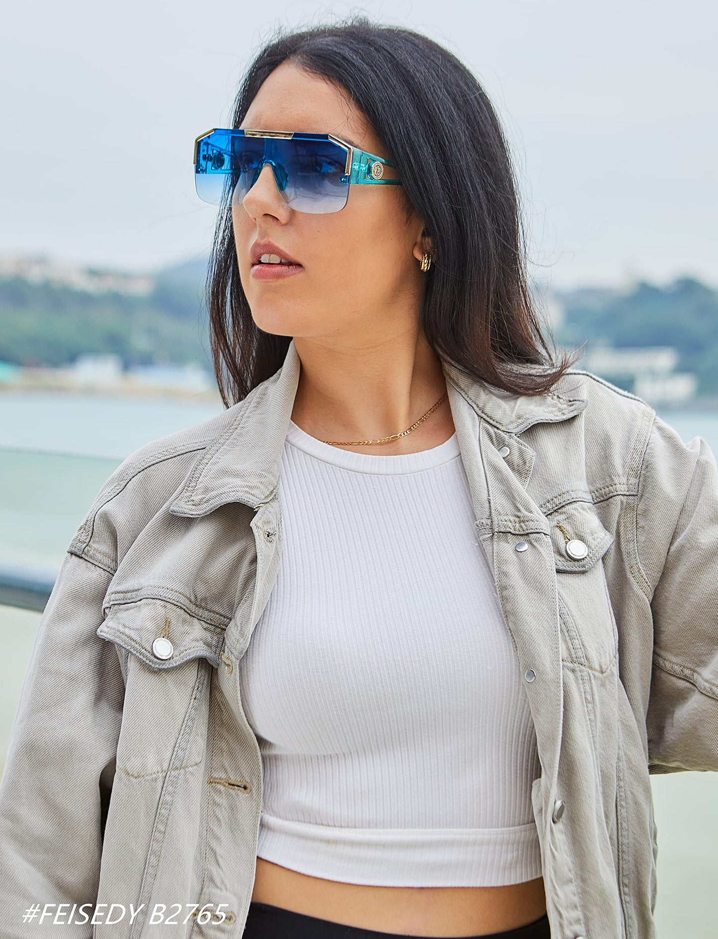 FEISEDY Square Oversized Sunglasses for Men Women, Flat Top Shield One Piece Lens Sun Glasses Shades B2765