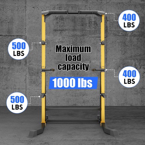 BestHFit Power Cage Squat Rack – Heavy Duty 1000LB Capacity Home Gym System with Adjustable Pull-Up Bar, Safety Spotter Arms & J-Hooks for Weight Lifting, Bench Press, Crossfit – Yellow
