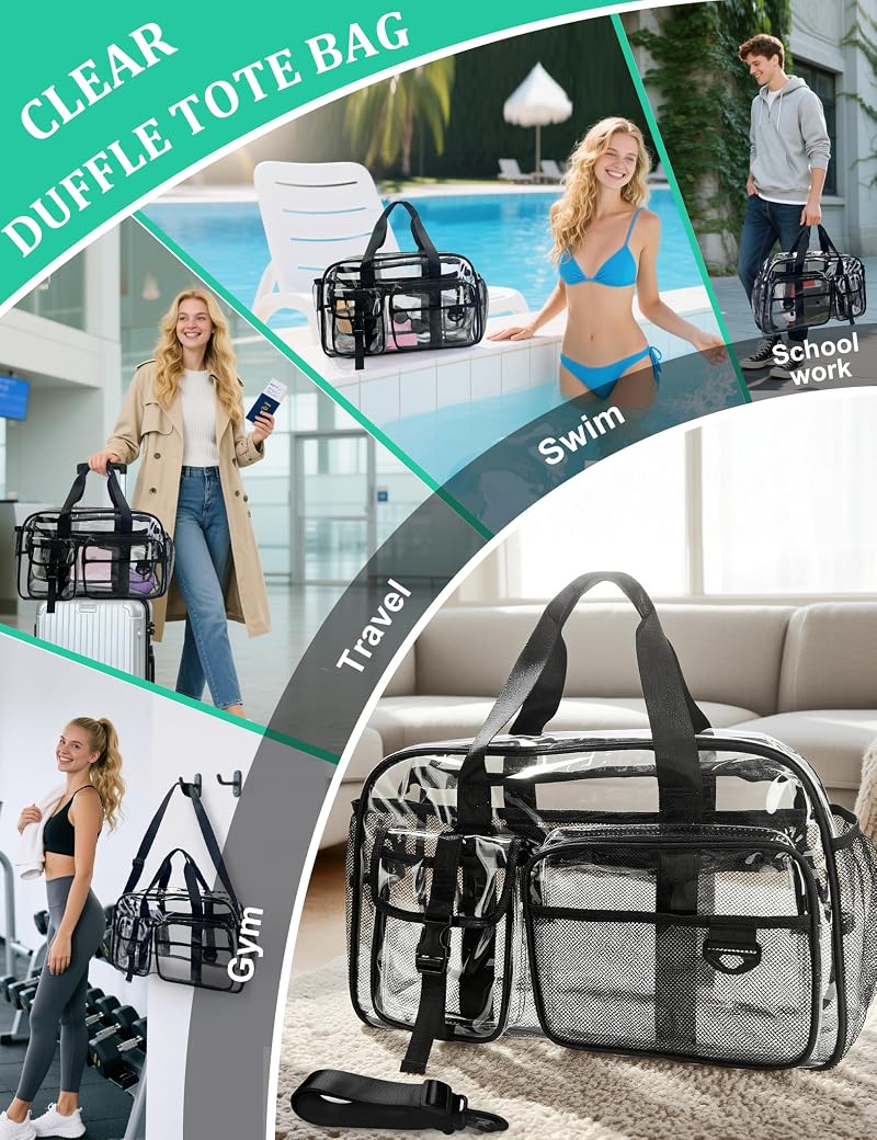 Large Clear Tote Bag 19" Luggage Carry-On with 10 Pockets, PVC Beach & Travel Bag
