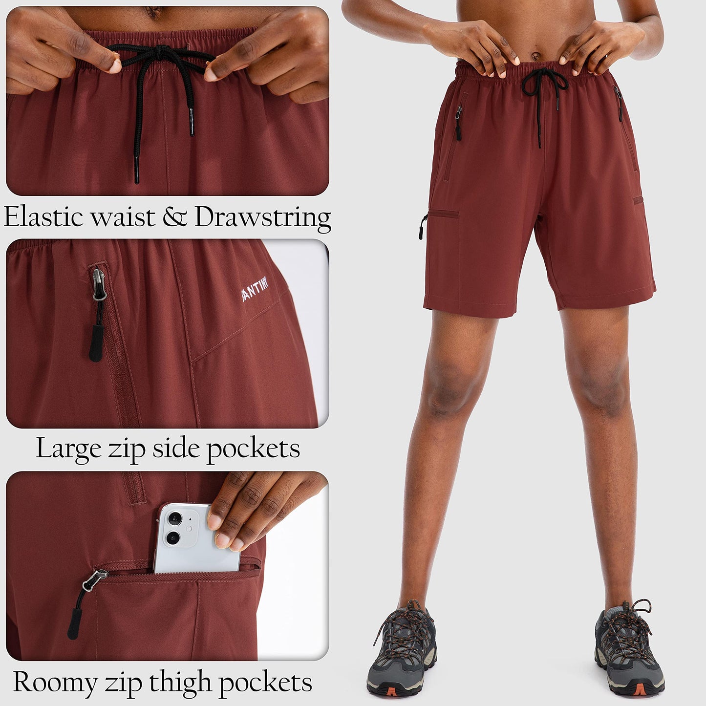 SANTINY Women's 5''/ 7''/9'' Hiking Cargo Shorts Quick Dry Lightweight Summer Shorts for Women Athletic Golf Zipper Pockets(Maroon_XL)