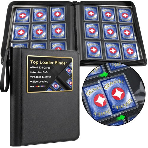 GEAoffice 9 Pockets Top Loader Binder for 324 Cards, Premium PU Leather Side Loading Trading Card Binder for Toploader, Ringless Card Collection Album Holder for 3"×4" Rigid, Black