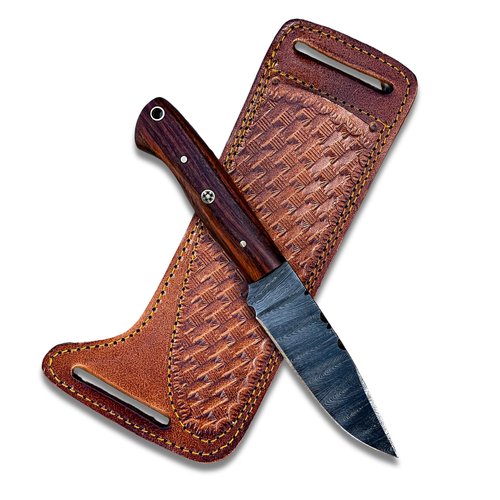 sami blades Handmade Damascus Hunting Knife, 8” Skinner Knife with 4” Fixed Blade & Rosewood Handle, Full Tang Design with Leather Sheath for Hunting, Camping & Outdoors