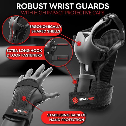 SKATEWIZ Knee and Elbow Pads Adult - Impact Size M Black - Skating Protective Gear Adult - Knee Pads for Women Roller Skating Skateboard Scooter - Skate Protective Gear for Men & Women