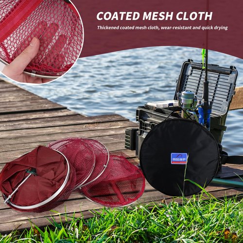 MATUFF Portable Foldable Fish Basket, Fishing Net Cage for Live Fish, Metal Rustproof Ring Drop Net with Anchor Bolt Robust for Saltwater Freshwater Pier Fishing Baskets Net, 13 in x 6.5 FT Burgundy