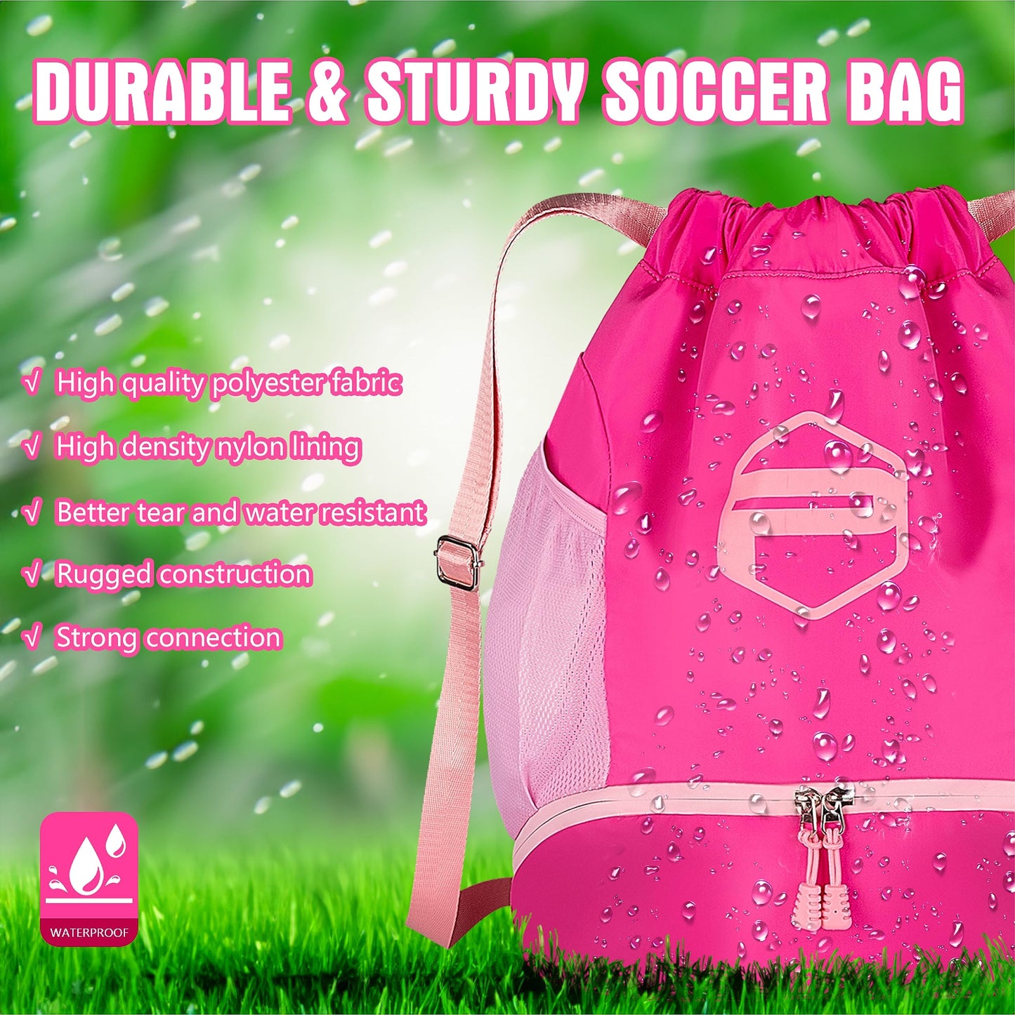 PP PICADOR Soccer Ball Bags, Drawstring Basketball Backpack for Sport Training with Ball Shoe Dry and Wet Compartments(Pink)