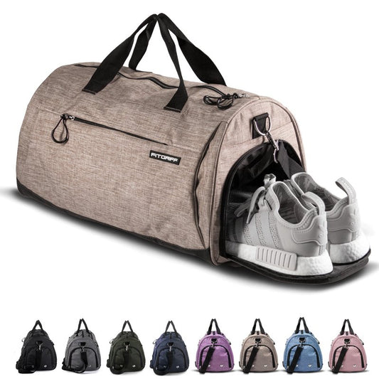 Fitgriff® Gym Bag for Men & Women with Shoe & Wet Compartment - Duffle Bag for Travel, Sports, Fitness & Workout (Sand, 19 x 10 x 10″ (Small))