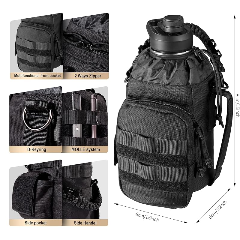 ONETIGRIS 64oz Tactical Insulated Water Bottle with 3 Lids & MOLLE Pouch - Black