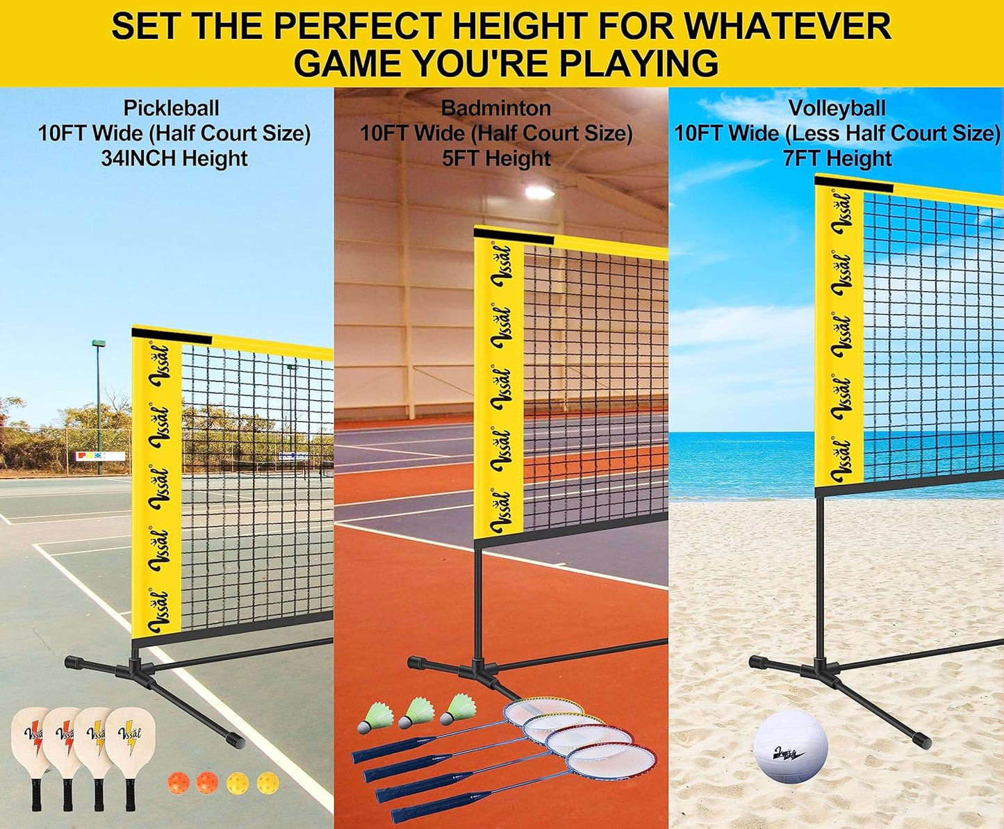 10FT Portable All-in-One Badminton, Pickleball and Kids’ Volleyball Net Set Half Court (10ft Wide x 7ft max Height) Small Outdoor Sports Set with Adjustable Net for Backyards Beach Driveway Game