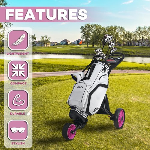 JUST AMAZING DEALS Golf Push Cart 3 Wheel - JAD Pro Golf Ladies Pushcart for Women Golfers, Super Lightweight Deluxe Easy to Fold Collapsible Golf Pull Cart (Pink)
