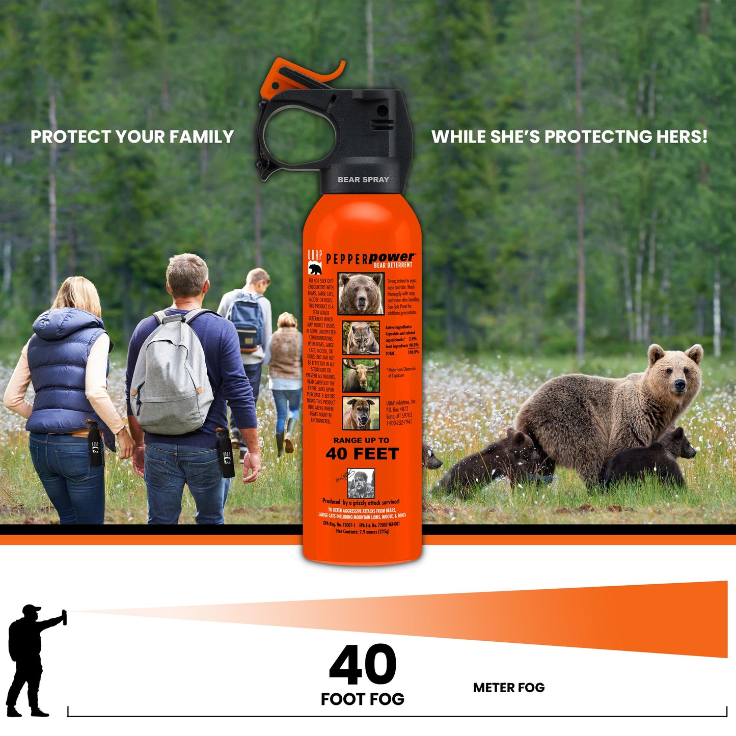 UDAP SOG Pepper Power Bear, Mountain Lion, Dog, Coyote, & Moose Spray Self Defense Deterrent with Griz Guard Holster for Camping, Hiking, Fishing, Powerful Blast, 40 ft Fog Barrier, Safety 7.9 oz