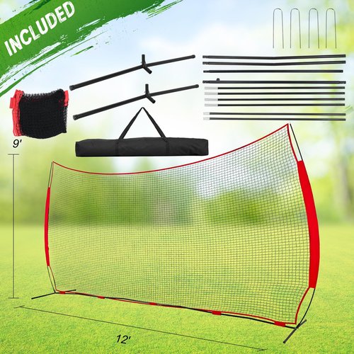 OneBlis 12'x9' Barricade Backstop Net Heavy-Duty Sports Barrier Net for Baseball, Soccer, Volleyball & Backyard Training, Portable Collapsible Design, Quick Setup with Ground Stakes