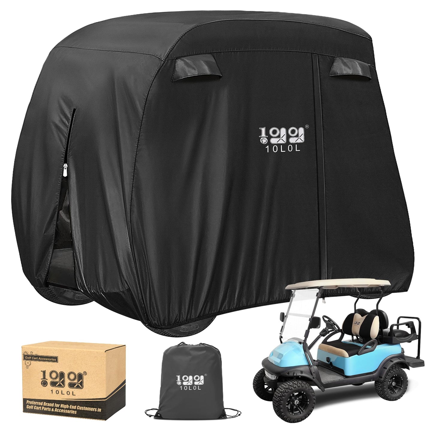 10L0L 2/4/4+2 Passenger Golf Cart Cover Fits for Yamaha EZGO Club Car, 420D Waterproof Durable Polyester Golf Cart Cover with Three Zipper Doors Windproof Sunproof - Black